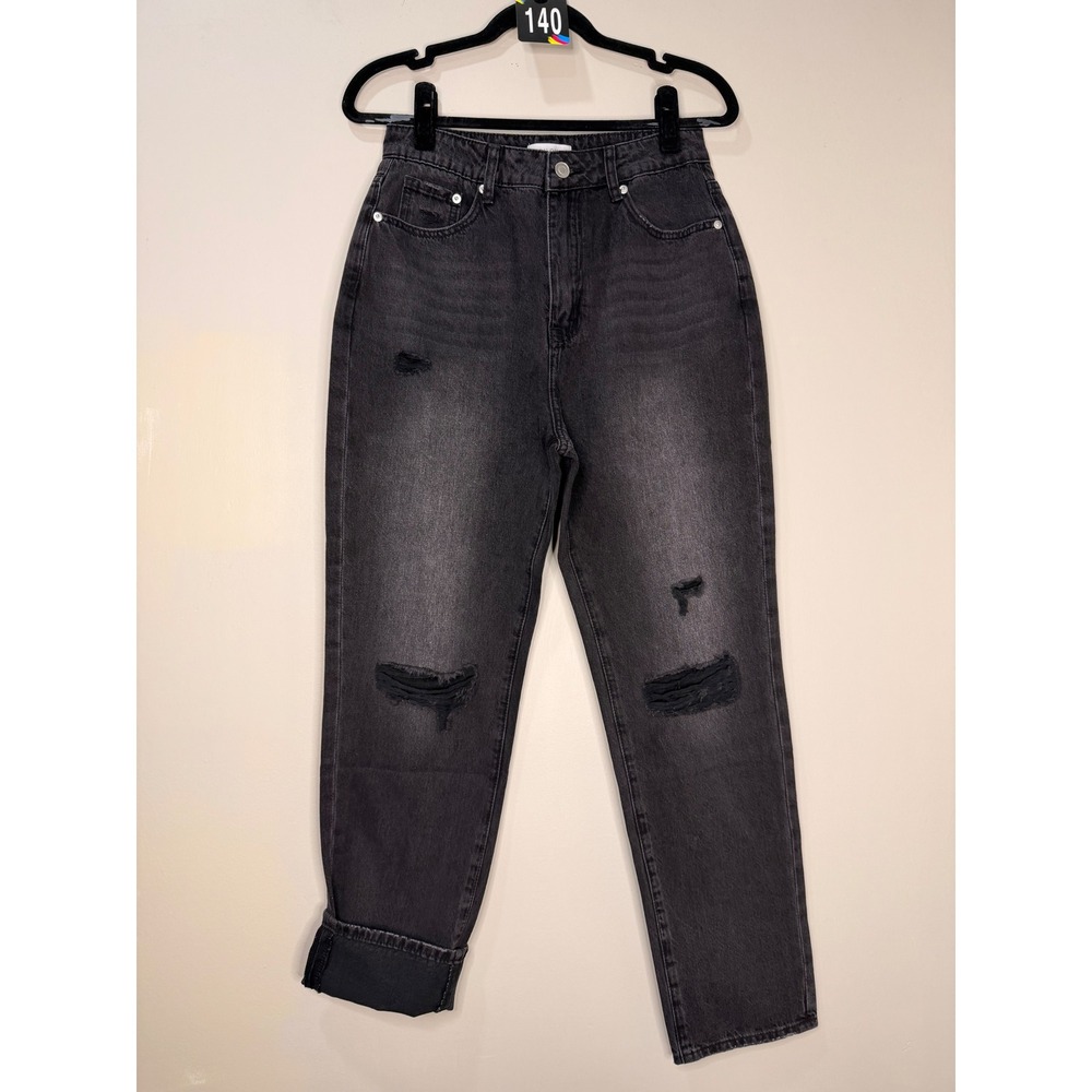 #140 LILOU Mom Jeans Large Black High Rise‎ Straight Leg w: 28" r: 12.5" I: 29"